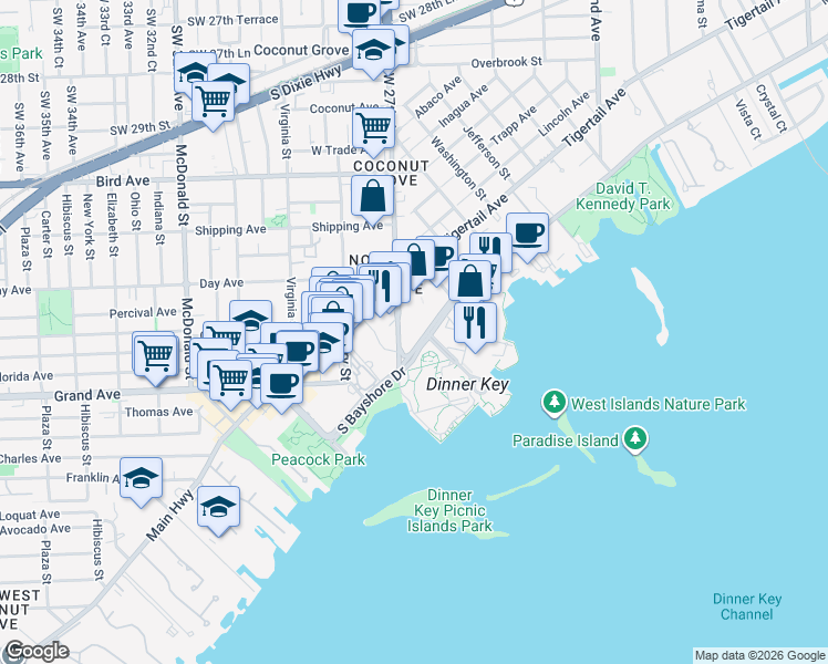 map of restaurants, bars, coffee shops, grocery stores, and more near 2675 South Bayshore Drive in Miami
