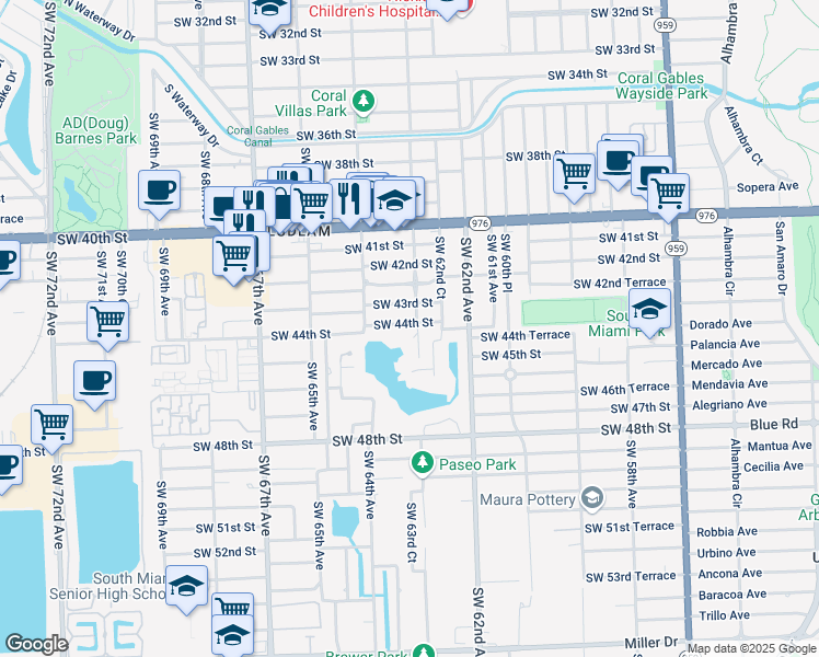 map of restaurants, bars, coffee shops, grocery stores, and more near 4401 Southwest 63rd Avenue in Miami