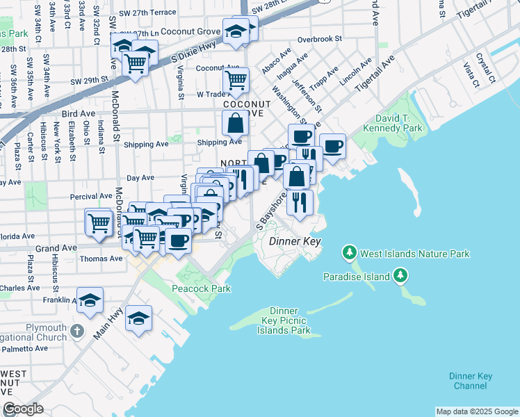 map of restaurants, bars, coffee shops, grocery stores, and more near 2675 South Bayshore Drive in Miami