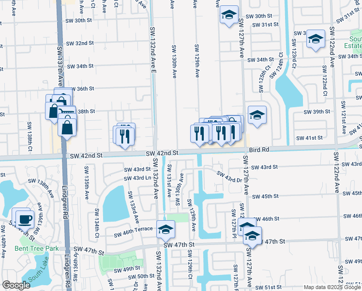 map of restaurants, bars, coffee shops, grocery stores, and more near 13055 Bird Road in Miami