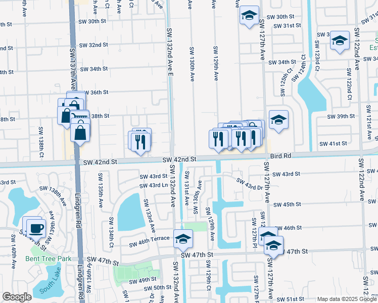 map of restaurants, bars, coffee shops, grocery stores, and more near 13055 Bird Road in Miami