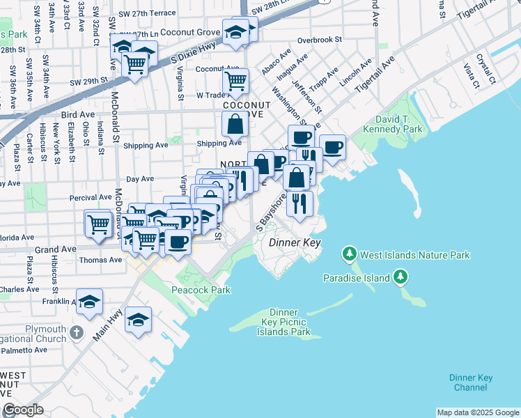 map of restaurants, bars, coffee shops, grocery stores, and more near 2675 South Bayshore Drive in Miami
