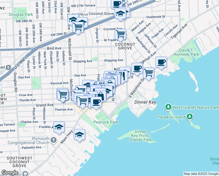 map of restaurants, bars, coffee shops, grocery stores, and more near in Miami