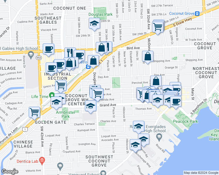 map of restaurants, bars, coffee shops, grocery stores, and more near 3300 Plaza Street in Miami