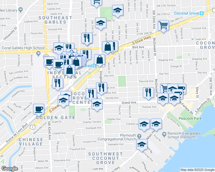 map of restaurants, bars, coffee shops, grocery stores, and more near 3670 Oak Avenue in Miami