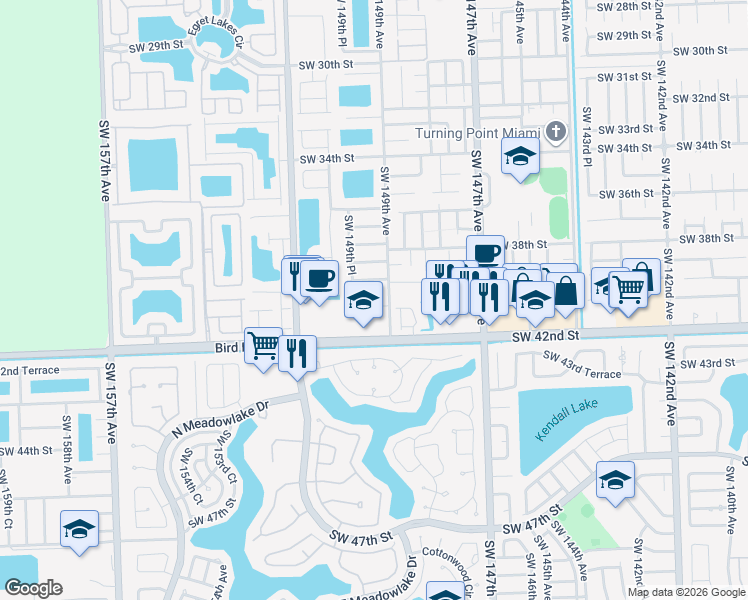 map of restaurants, bars, coffee shops, grocery stores, and more near 4141 Southwest 149th Court in Miami