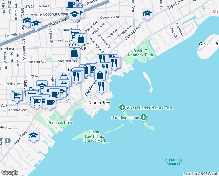map of restaurants, bars, coffee shops, grocery stores, and more near 3377 Charthouse Drive in Miami