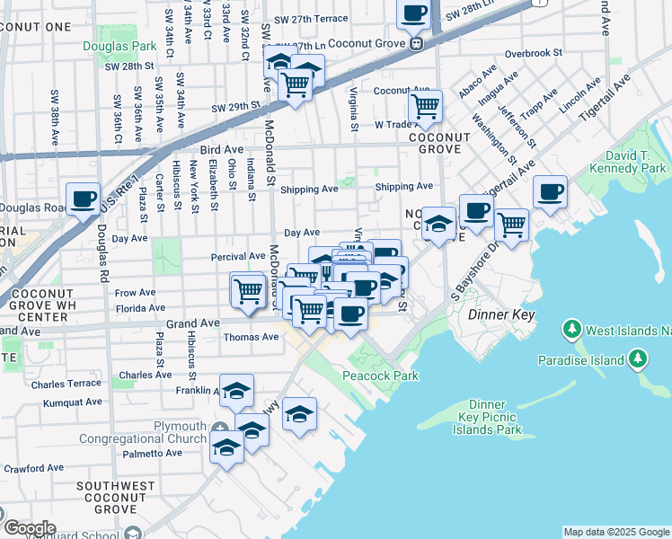 map of restaurants, bars, coffee shops, grocery stores, and more near 3034 Oak Avenue in Miami