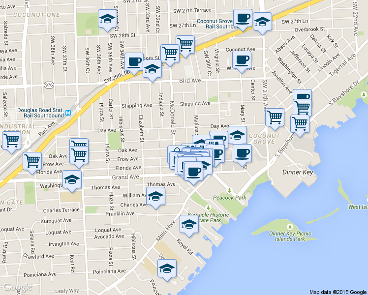 map of restaurants, bars, coffee shops, grocery stores, and more near 3101 Florida Avenue in Miami