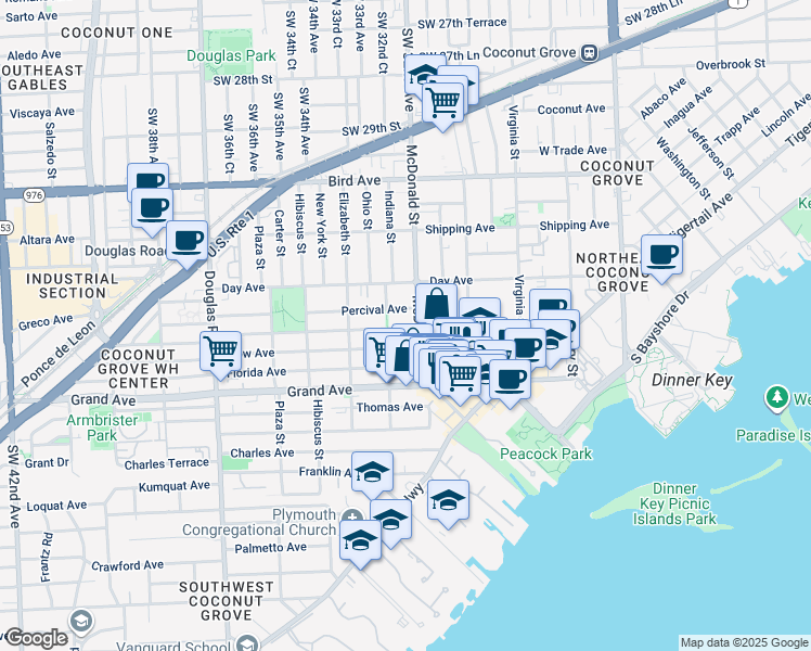 map of restaurants, bars, coffee shops, grocery stores, and more near 3301 McDonald Street in Miami