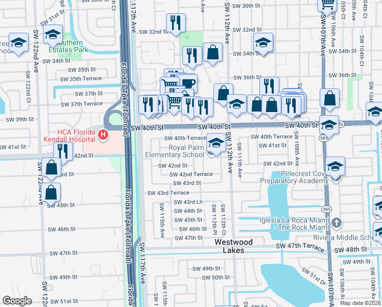 map of restaurants, bars, coffee shops, grocery stores, and more near 11331 Southwest 42nd Street in Miami