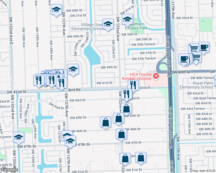 map of restaurants, bars, coffee shops, grocery stores, and more near 12315 Southwest 43rd Street in Miami