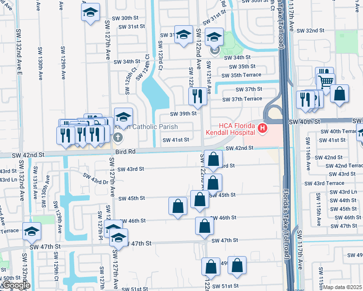 map of restaurants, bars, coffee shops, grocery stores, and more near 12315 Southwest 43rd Street in Miami