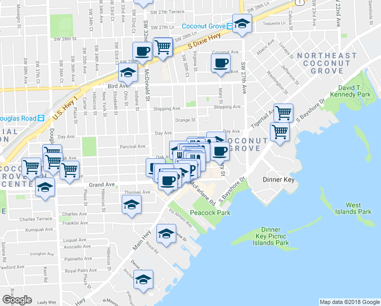 map of restaurants, bars, coffee shops, grocery stores, and more near 3029 Oak Avenue in Miami