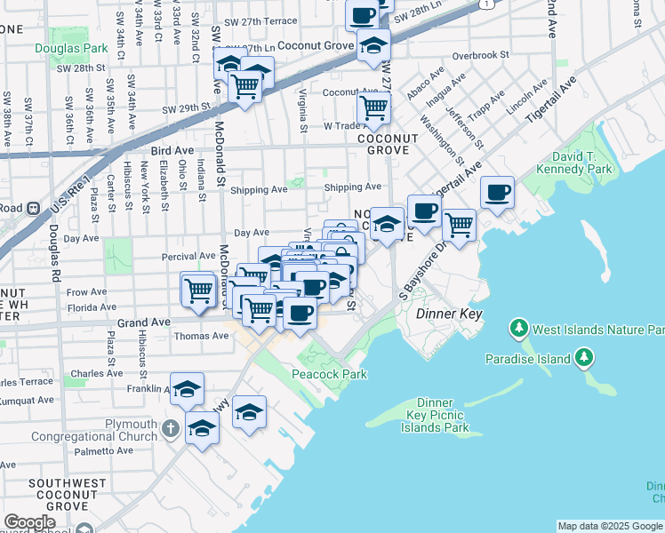 map of restaurants, bars, coffee shops, grocery stores, and more near 3339 Virginia Street in Miami