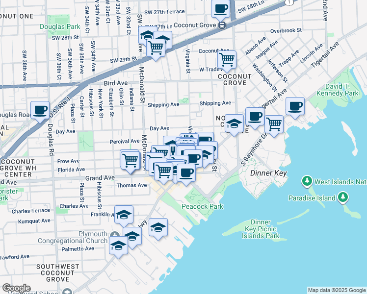map of restaurants, bars, coffee shops, grocery stores, and more near 3034 Oak Avenue in Miami