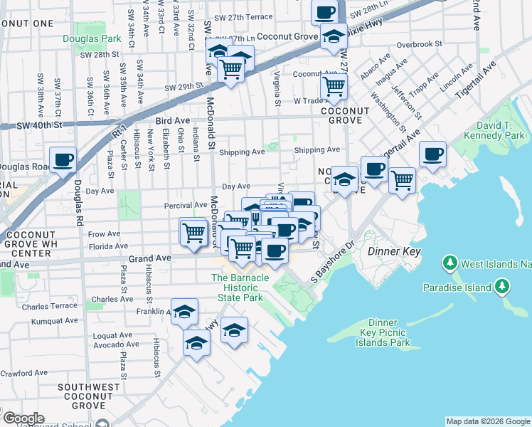 map of restaurants, bars, coffee shops, grocery stores, and more near 3034 Oak Avenue in Miami