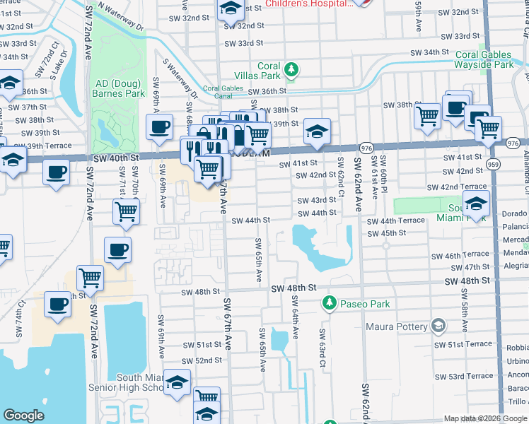 map of restaurants, bars, coffee shops, grocery stores, and more near 6500 Southwest 44th Street in Miami