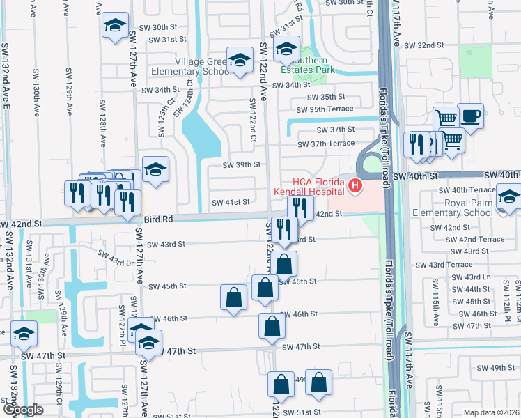map of restaurants, bars, coffee shops, grocery stores, and more near 12235 Southwest 43rd Street in Miami