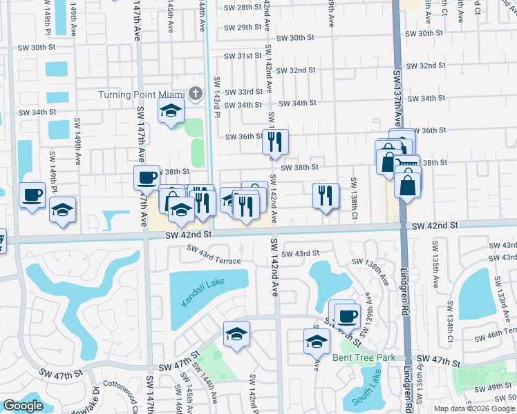 map of restaurants, bars, coffee shops, grocery stores, and more near 14255 Southwest 42nd Street in Miami