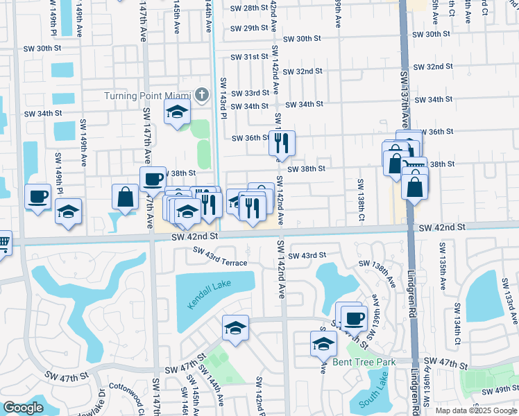 map of restaurants, bars, coffee shops, grocery stores, and more near 14269 Southwest 42nd Street in Miami