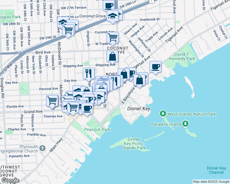 map of restaurants, bars, coffee shops, grocery stores, and more near 3300 Southwest 27th Avenue in Miami