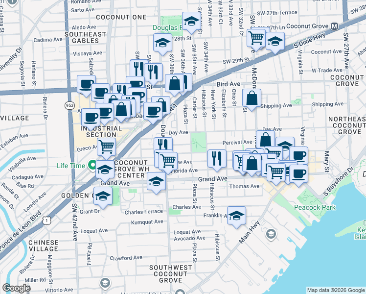 map of restaurants, bars, coffee shops, grocery stores, and more near 3630 Percival Avenue in Miami