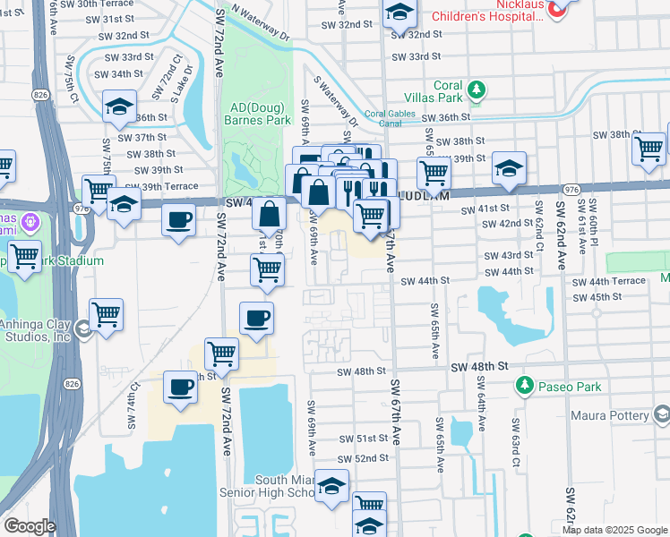 map of restaurants, bars, coffee shops, grocery stores, and more near 6821 Southwest 44th Street in Miami