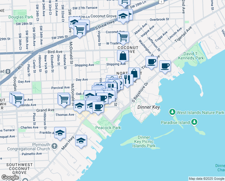map of restaurants, bars, coffee shops, grocery stores, and more near 3229 Mary Street in Miami
