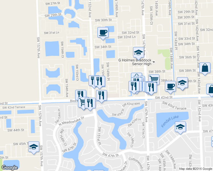map of restaurants, bars, coffee shops, grocery stores, and more near 3854 Southwest 149th Place in Miami