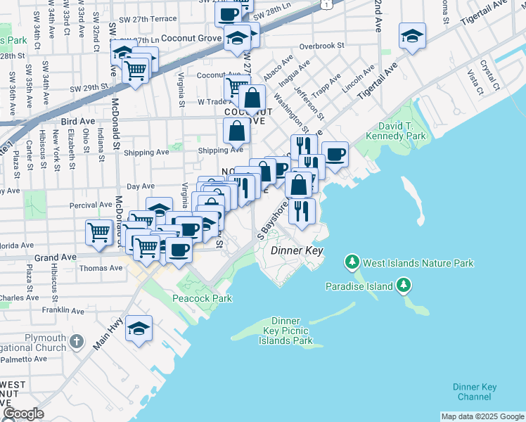 map of restaurants, bars, coffee shops, grocery stores, and more near 2669 South Bayshore Drive in Miami