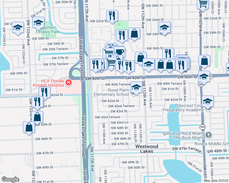 map of restaurants, bars, coffee shops, grocery stores, and more near 11442 Southwest 40th Terrace in Miami