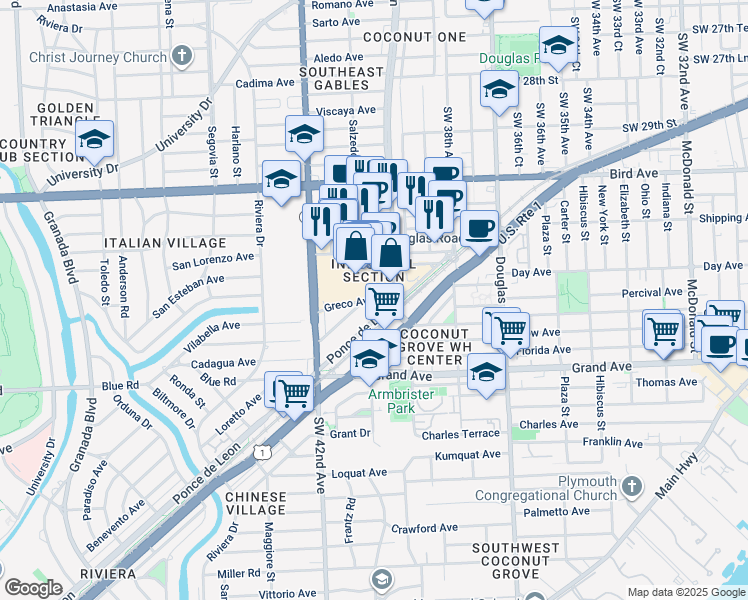 map of restaurants, bars, coffee shops, grocery stores, and more near 253 Greco Avenue in Coral Gables