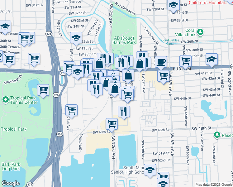 map of restaurants, bars, coffee shops, grocery stores, and more near 7151 Southwest 42nd Terrace in Miami