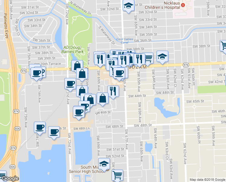map of restaurants, bars, coffee shops, grocery stores, and more near 6775 Southwest 44th Street in Miami