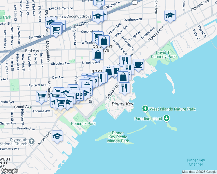 map of restaurants, bars, coffee shops, grocery stores, and more near 2669 South Bayshore Drive in Miami