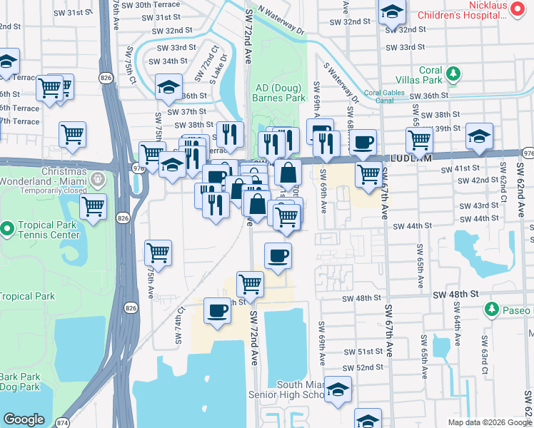 map of restaurants, bars, coffee shops, grocery stores, and more near 7151 Southwest 42nd Terrace in Miami