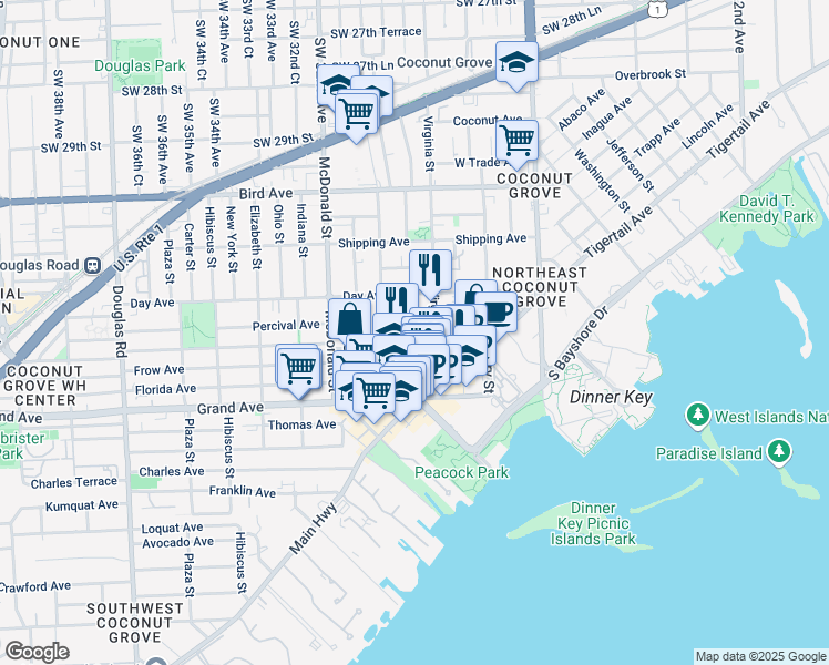 map of restaurants, bars, coffee shops, grocery stores, and more near 3050 Lime Court in Miami
