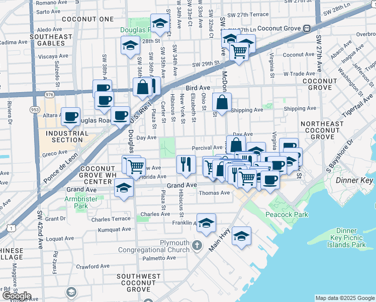map of restaurants, bars, coffee shops, grocery stores, and more near 3210 Elizabeth Street in Miami