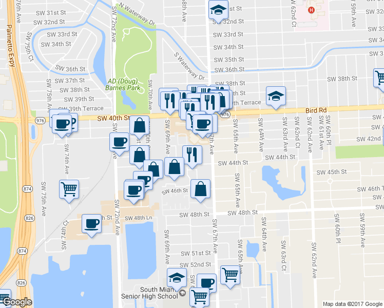 map of restaurants, bars, coffee shops, grocery stores, and more near 4250 Southwest 67th Avenue in Miami