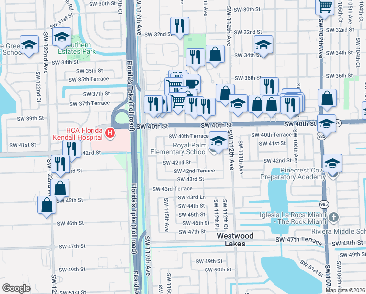 map of restaurants, bars, coffee shops, grocery stores, and more near 11442 Southwest 40th Terrace in Miami