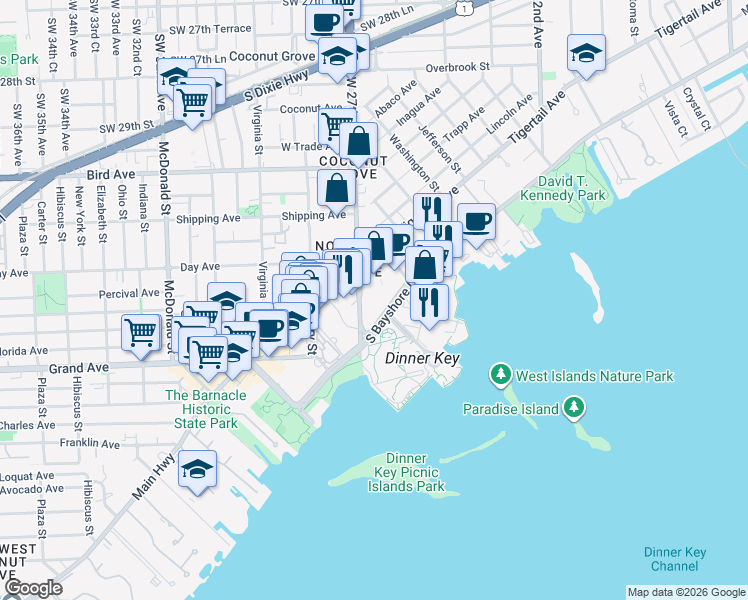 map of restaurants, bars, coffee shops, grocery stores, and more near 2665 South Bayshore Drive in Miami