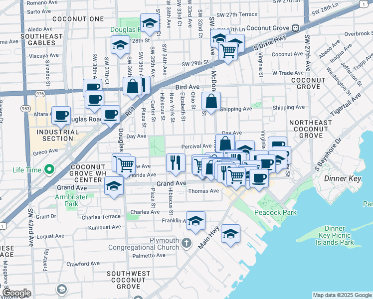 map of restaurants, bars, coffee shops, grocery stores, and more near 3210 Elizabeth Street in Miami