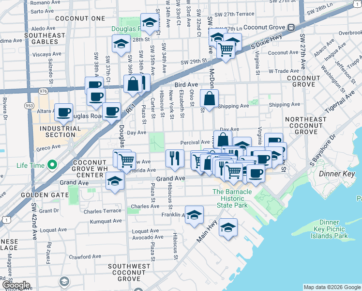 map of restaurants, bars, coffee shops, grocery stores, and more near 3210 Elizabeth Street in Miami