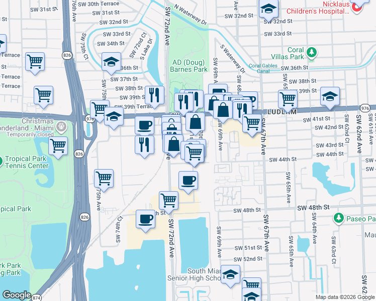 map of restaurants, bars, coffee shops, grocery stores, and more near 4235 Southwest 71st Avenue in Miami