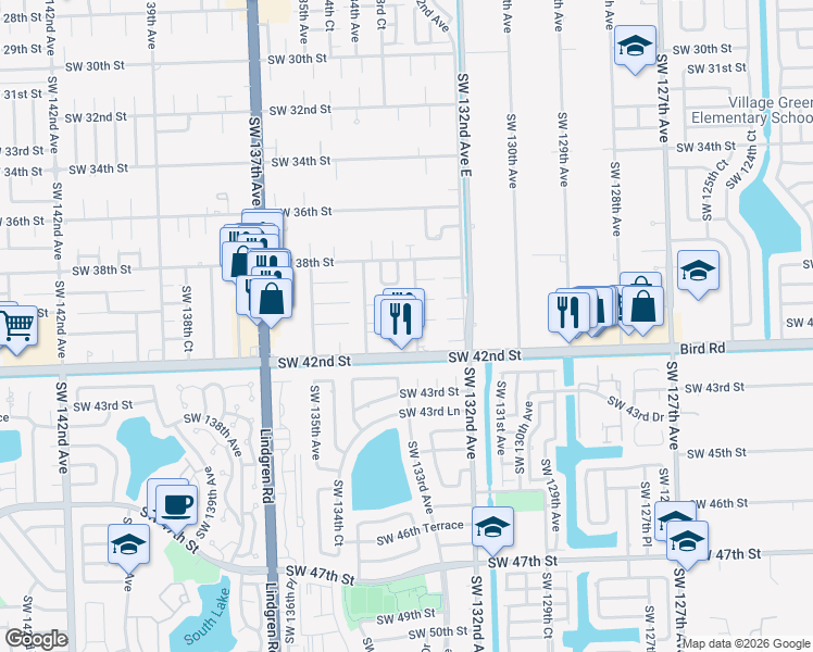 map of restaurants, bars, coffee shops, grocery stores, and more near 3988 Southwest 133rd Road Court in Miami