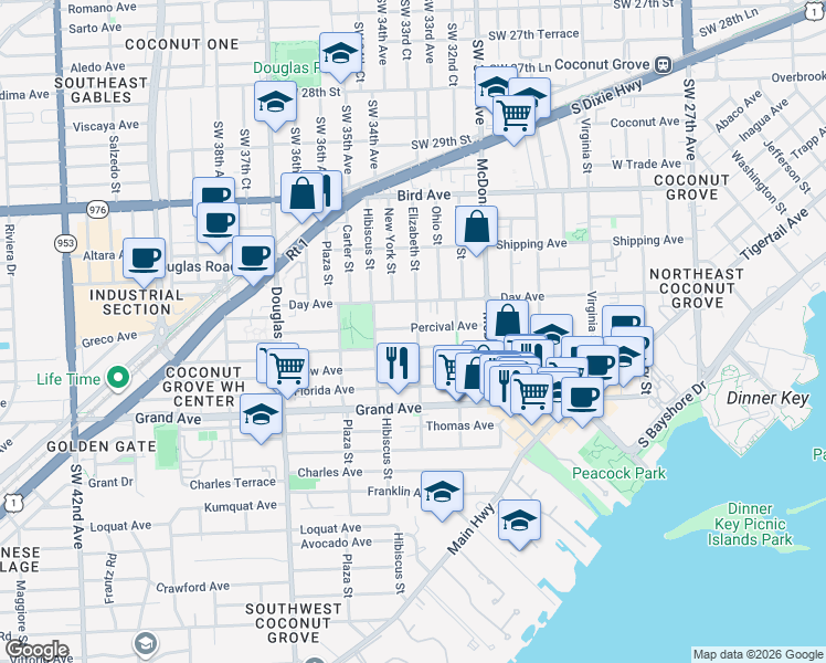 map of restaurants, bars, coffee shops, grocery stores, and more near 3210 Elizabeth Street in Miami