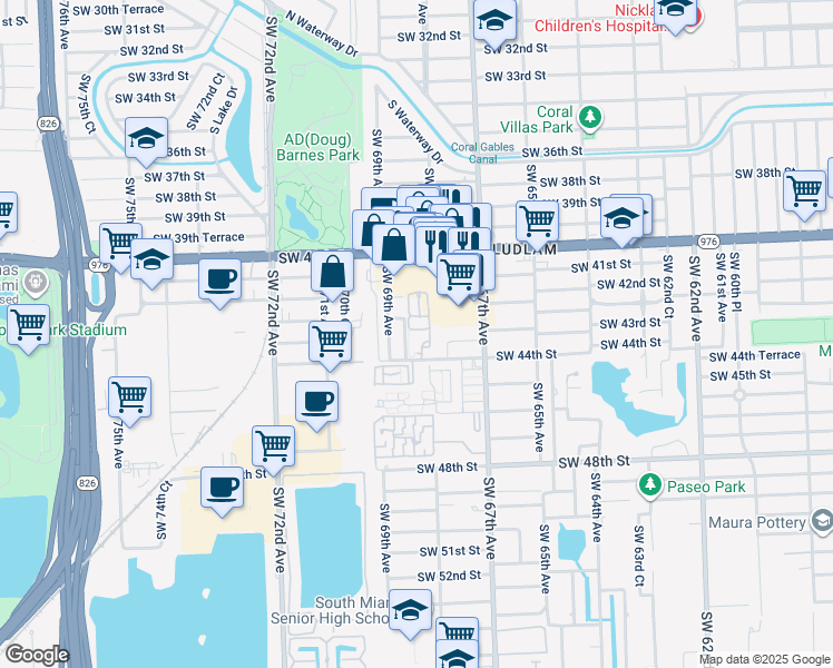map of restaurants, bars, coffee shops, grocery stores, and more near 6811 Southwest 44th Street in Miami