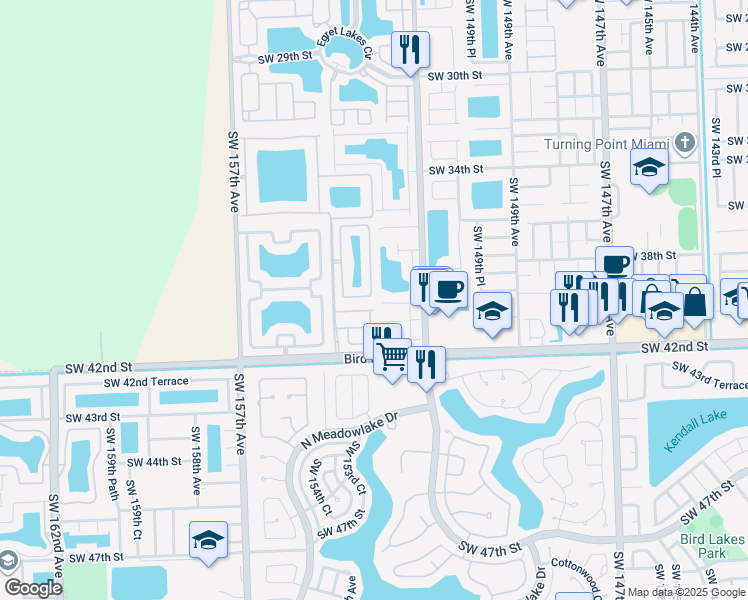 map of restaurants, bars, coffee shops, grocery stores, and more near 15306 Southwest 39th Terrace in Miami