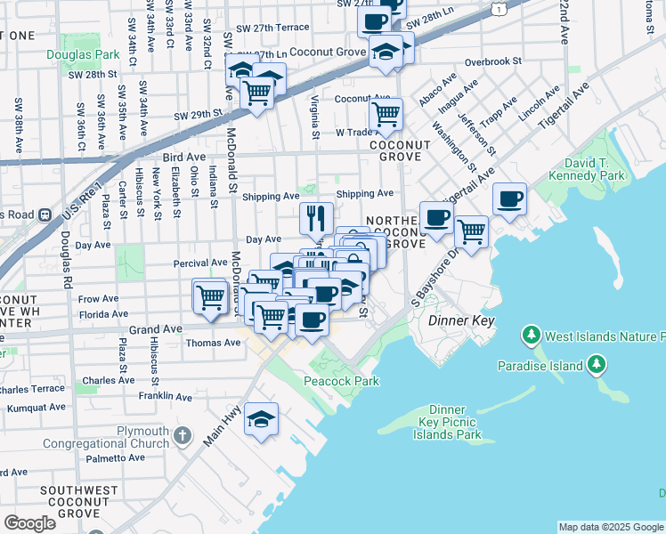 map of restaurants, bars, coffee shops, grocery stores, and more near 3229 Virginia Street in Miami